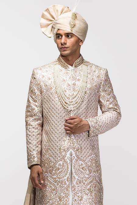 Asuka_Beige Chanderi Silk Embroidery Floral Sherwani Set _Online_at_Aza_Fashions