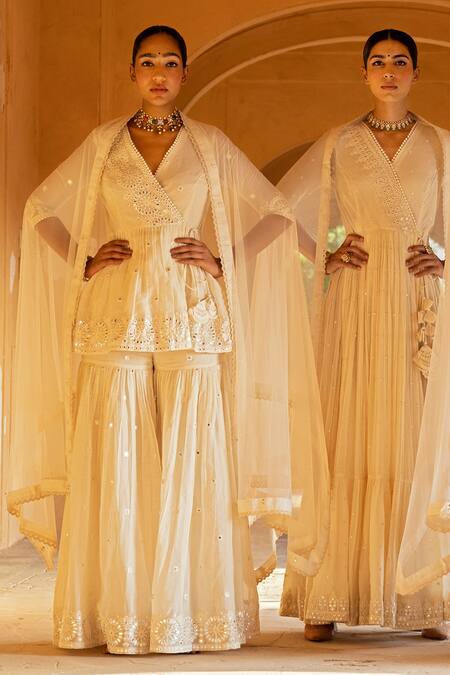 Preevin Off White Cotton, Tulle, Net Lace, Circle Pattern Peplum Angrakha Sharara Set Online at Aza Fashions Preevin_Off White Cotton, Tulle, Net Lace, Circle Pattern Peplum Angrakha Sharara Set _Online_at_Aza_Fashions
