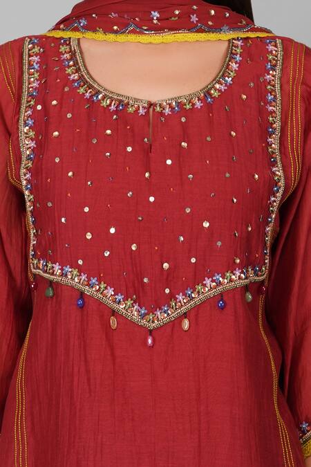 Devyani Mehrotra_Red Chanderi 40grm Embroidered Sequins U Neck Flower Garnet Kurta Gharara Set_at_Aza_Fashions