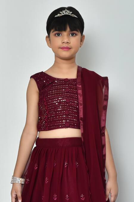 Banana Bee_Wine Pure Georgette Embroidered Sequin Threadwork Lehenga Set_Online_at_Aza_Fashions