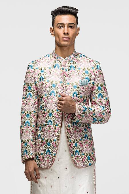 Asuka_Off White Chanderi Silk Embroidery Resham Floral Pattern Bandhgala Set _Online_at_Aza_Fashions