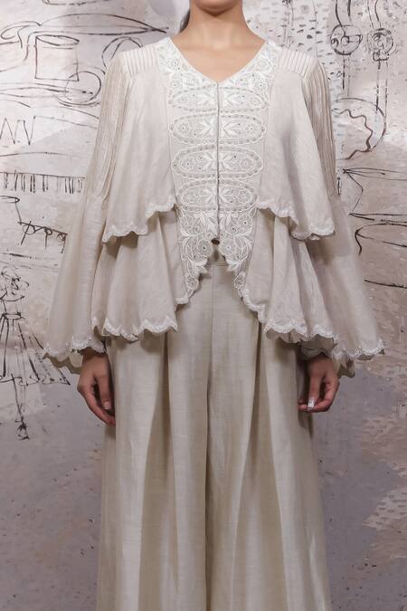 Ekru_Ivory Chanderi, Linen, Satin Cheshire Layered Jacket With Pleated Pant Set_Online_at_Aza_Fashions
