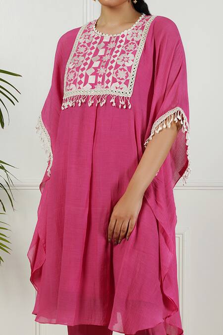 Buy OMI Pink Linen, Crepe Embroidery, Lace Round Neck Floral Yoke Kaftan And Pant Set Online at Aza Fashions Buy_OMI_Pink Linen, Crepe Embroidery, Lace Round Neck Floral Yoke Kaftan And Pant Set_Online_at_Aza_Fashions