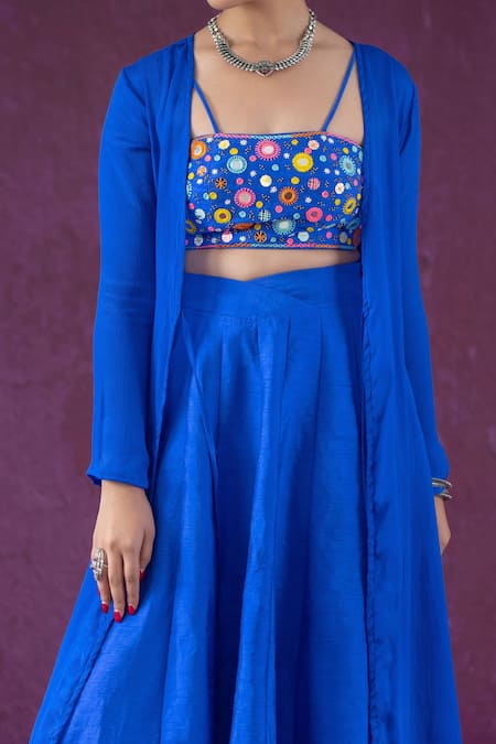 Kacha Tanka Blue Dupion Art Silk Embroidery Threadwork Square Mirror And Crop Top Skirt Set Online at Aza Fashions Kacha Tanka_Blue Dupion Art Silk Embroidery Threadwork Square Mirror And Crop Top Skirt Set _Online_at_Aza_Fashions