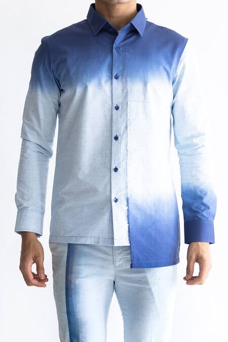 Kaha_Blue 100% Cotton Slub Solid Ombre-dyed Asymmetrical Shirt_Online_at_Aza_Fashions