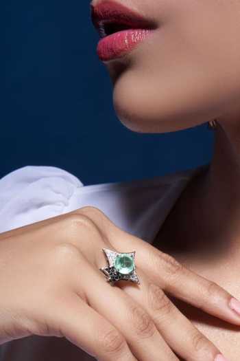 Mozaati_Green Crystals, Stones Floral Shaped Cubic Zirconia Embellished Ring _at_Aza_Fashions