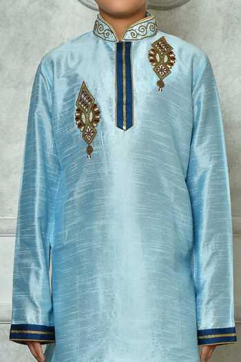 Petite Pomme Blue Silk Beads, Stones Placement Embroidered Full Sleeve Kurta Online at Aza Fashions Petite Pomme_Blue Silk Beads, Stones Placement Embroidered Full Sleeve Kurta _Online_at_Aza_Fashions