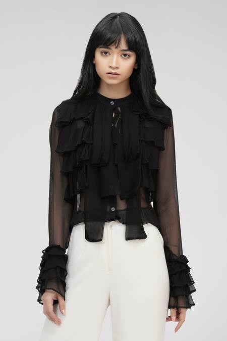 Shruti S Black Chiffon Bandeau Neck Layered Ruffle Shirt Online at Aza Fashions Shruti S_Black Chiffon Bandeau Neck Layered Ruffle Shirt _Online_at_Aza_Fashions