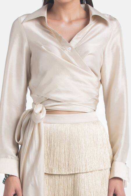 431-88 By Shweta Kapur_Beige Silk Crystals Collared Jim Draped Tie-up Shirt_Online_at_Aza_Fashions