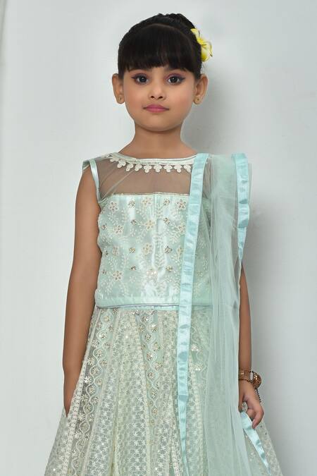 Petite Pomme_Green Net Sequins, Embroidery, Tassels Lucknowi Lehenga Set_Online_at_Aza_Fashions