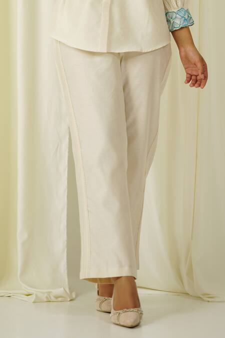 Sakshi Khetterpal Ivory Chanderi Beads, Pearls, Embroidery Collared Shirt And Pant Set Online at Aza Fashions Sakshi Khetterpal_Ivory Chanderi Beads, Pearls, Embroidery Collared Shirt And Pant Set _Online_at_Aza_Fashions