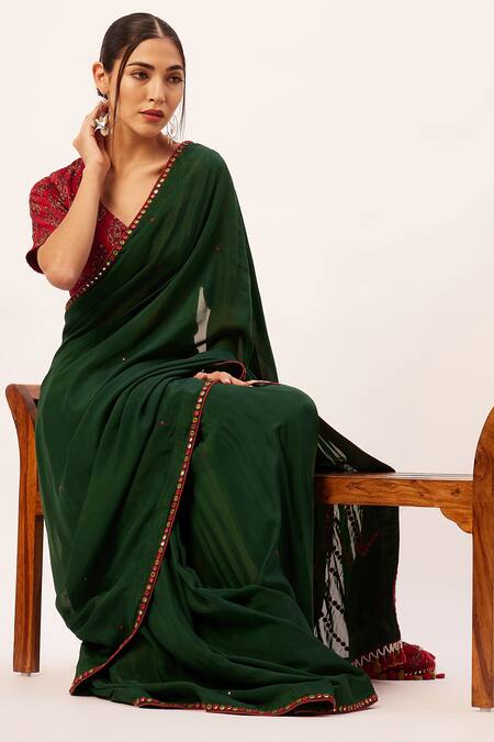 Buy Zariya The Label Green Silk, Modal, Placed Handblock Print Patch Pre-draped Saree With Blouse Buy_Zariya The Label_Green Silk, Modal, Placed Handblock Print Patch Pre-draped Saree With Blouse