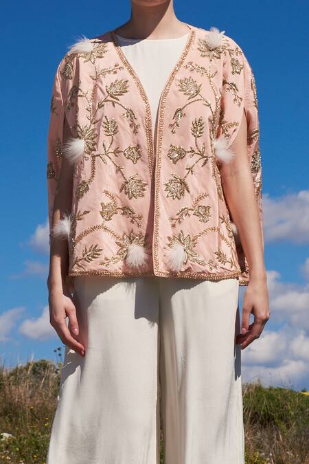 Shruti Sancheti_Peach Crepe Embroidery, Sequins, Feathers Round Neck Hand Cape And Jumpsuit Set _Online_at_Aza_Fashions
