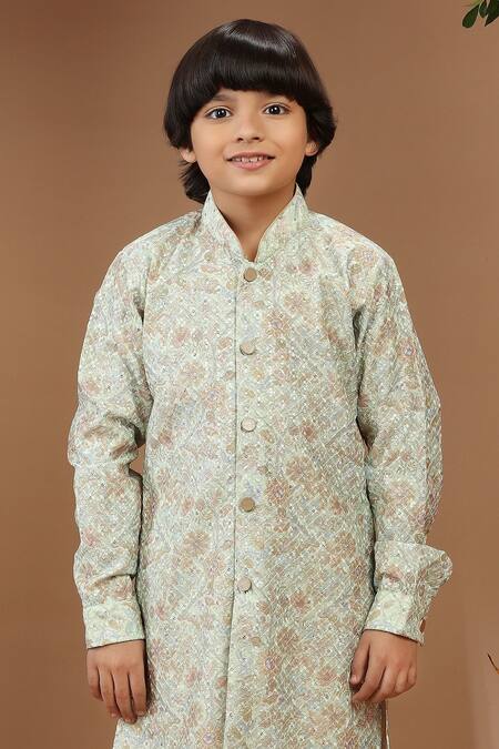 Buy_Kora By Nilesh Mitesh_Green Cotton Sequins Printed And Thread Embroidered Kurta Set_Online_at_Aza_Fashions