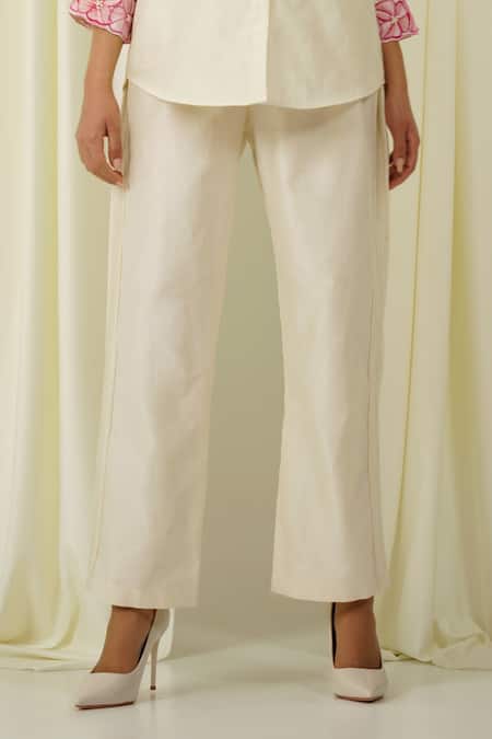 Sakshi Khetterpal Ivory Chanderi Pearls, Beads, Embroidery Collared Sleeve Pant Set Online at Aza Fashions Sakshi Khetterpal_Ivory Chanderi Pearls, Beads, Embroidery Collared Sleeve Pant Set _Online_at_Aza_Fashions