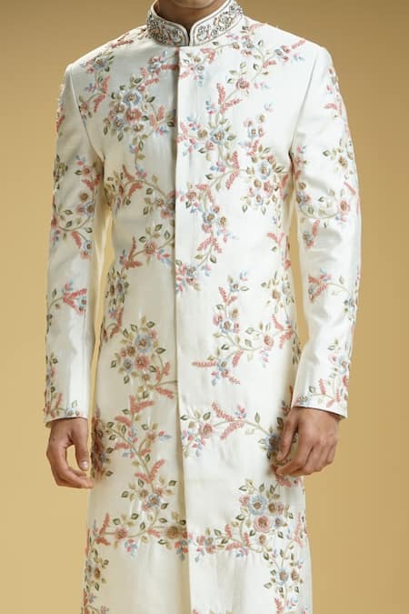 Kommal Sood Off White Cotton, Silk Embroidery All Over Flower Sherwani Set Online at Aza Fashions Kommal Sood_Off White Cotton, Silk Embroidery All Over Flower Sherwani Set _Online_at_Aza_Fashions