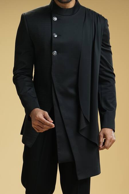 Kommal Sood Black Kota Doria Asymmetric Achkan And Trouser Set Online at Aza Fashions Kommal Sood_Black Kota Doria Asymmetric Achkan And Trouser Set _Online_at_Aza_Fashions