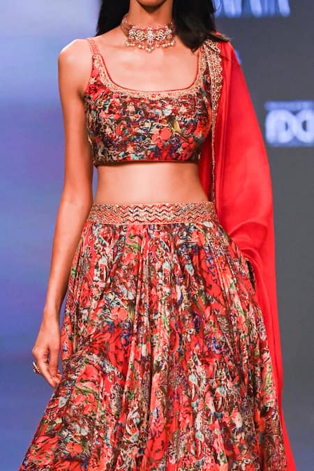 Punit Balana_Red Satin, Silk Embroidery Square Neck Surkh Laal Embellished Bridal Lehenga Set _Online_at_Aza_Fashions