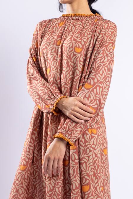 Doodlage_Orange Modal Printed Floral Pattern High Neck Jaylen Tunic _Online_at_Aza_Fashions