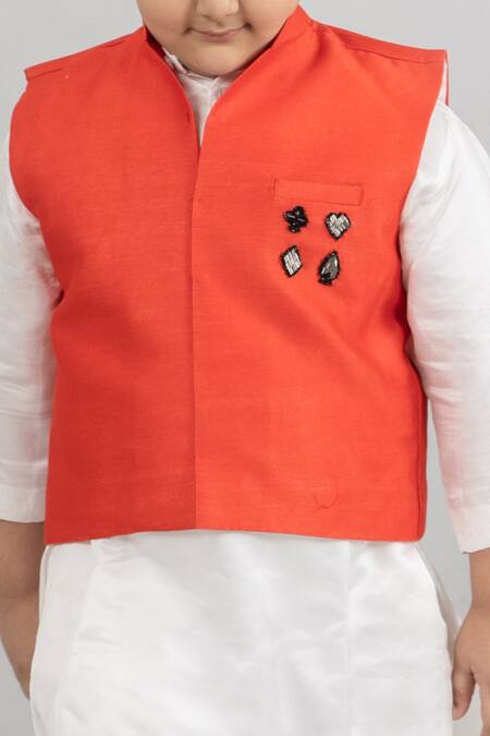 Darleen Kids Couture_Red Chanderi Embroidery Hand Bundi _Online_at_Aza_Fashions