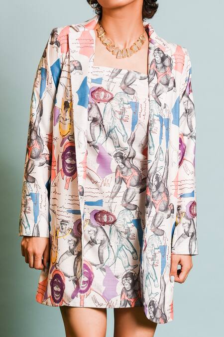 The Dramebaaz CO_Ivory Muslin, Linen Collared Macaques Print Blazer Dress _Online_at_Aza_Fashions