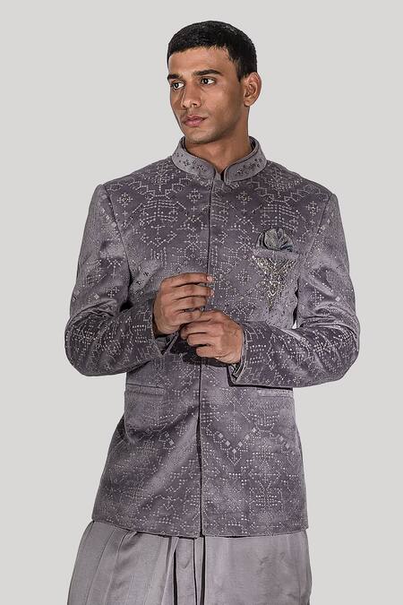 Asuka_Grey Suede Embroidery Geometric Pattern Bandhgala Set _Online_at_Aza_Fashions