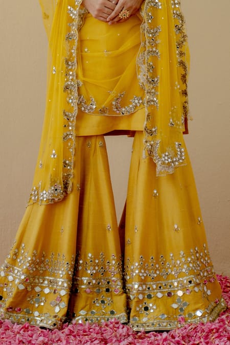 Mint Blush_Yellow Silk, Net Mirrors Round Neck Sheesha Embroidered Kurta Sharara Set _Online_at_Aza_Fashions