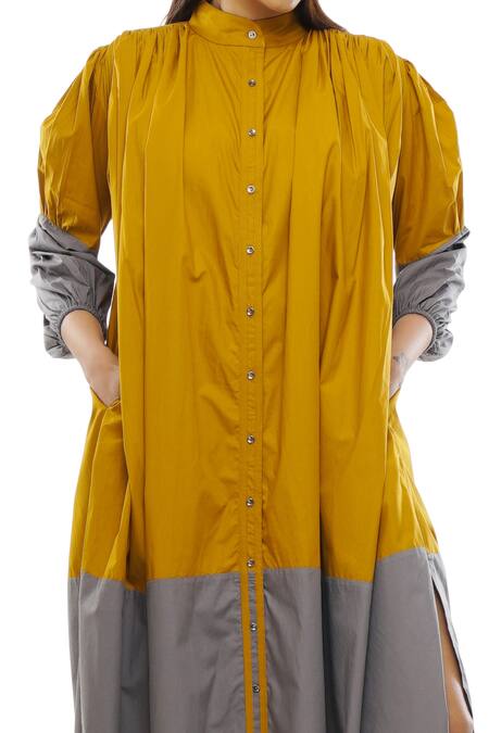Khat_Yellow Cotton Mandarin Collar Color Block Poplin Dress _Online_at_Aza_Fashions