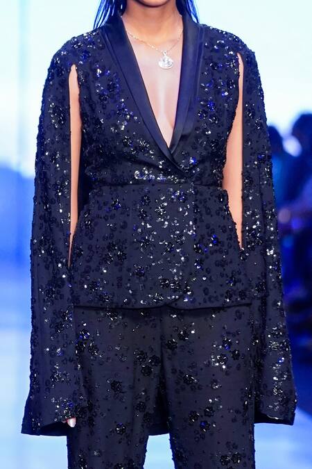 Nachiket Barve Black Georgette, Viscose Beads, Sequins Astral Cape Blazer And Pant Set Online at Aza Fashions Nachiket Barve_Black Georgette, Viscose Beads, Sequins Astral Cape Blazer And Pant Set _Online_at_Aza_Fashions