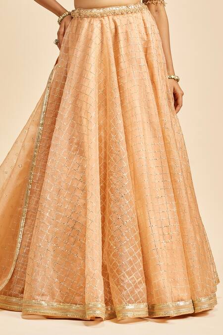 Nitika Gujral Peach Dupatta And Lehenga Organza & Blouse Net Embroidery Zari Mukaish Work Set Online at Aza Fashions Nitika Gujral_Peach Dupatta And Lehenga Organza & Blouse Net Embroidery Zari Mukaish Work Set _Online_at_Aza_Fashions