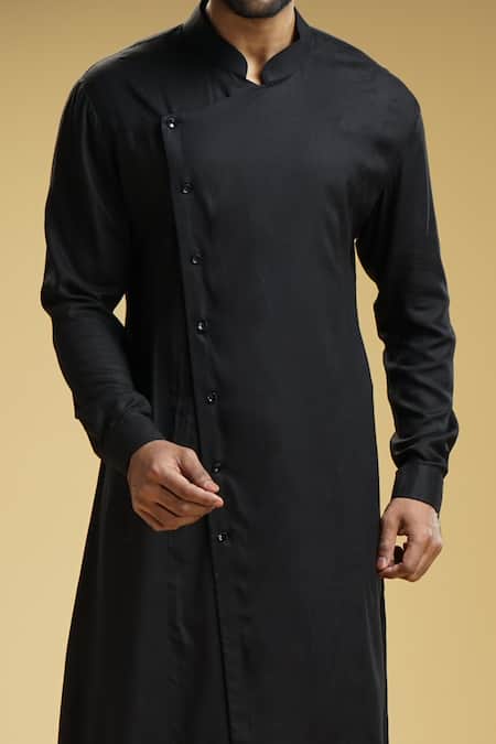 Kommal Sood Black Cotton Silk Solid Slide-open Kurta And Trouser Set Online at Aza Fashions Kommal Sood_Black Cotton Silk Solid Slide-open Kurta And Trouser Set _Online_at_Aza_Fashions