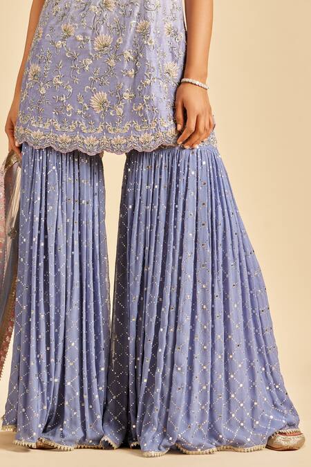 Nitika Gujral Blue Kurta Raw Silk Embroidery Mukaish V Neck Floral Sharara Set Online at Aza Fashions Nitika Gujral_Blue Kurta Raw Silk Embroidery Mukaish V Neck Floral Sharara Set _Online_at_Aza_Fashions