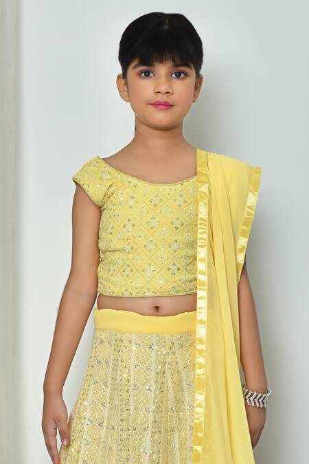 Petite Pomme_Yellow Faux Leather, Georgette Embroidery, Sequins Lucknowi Chikan Lehenga Set_Online_at_Aza_Fashions