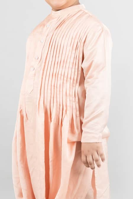 Darleen Kids Couture_Peach Tussar Draped Kurta And Pant Set _Online_at_Aza_Fashions