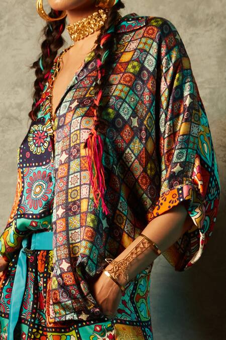 Esha L Amin_Multi Color Modal, Satin Embroidery Shawl Printed High Low And Shirt _Online_at_Aza_Fashions