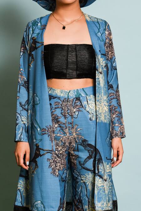 Buy_The Dramebaaz CO_Blue Linen Tassels Open Neck Mandril Print Jacket With Pant _Online_at_Aza_Fashions