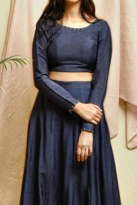 Chambray & CO. Blue Silk Beads Round Neck Embroidered Blouse And Lehenga Set Online at Aza Fashions Chambray & CO._Blue Silk Beads Round Neck Embroidered Blouse And Lehenga Set _Online_at_Aza_Fashions