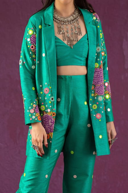 Kacha Tanka Green Dupion Art Silk Floral, Mirror Rose Pattern And Embroidered Blazer Pant Set Online at Aza Fashions Kacha Tanka_Green Dupion Art Silk Floral, Mirror Rose Pattern And Embroidered Blazer Pant Set _Online_at_Aza_Fashions
