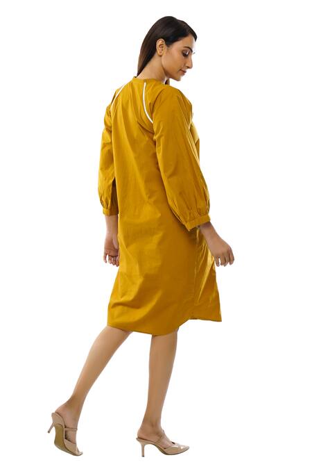 Shop Khat Yellow Cotton Asymmetric Frill Collar Dress And Pant Set Shop_Khat_Yellow Cotton Asymmetric Frill Collar Dress And Pant Set