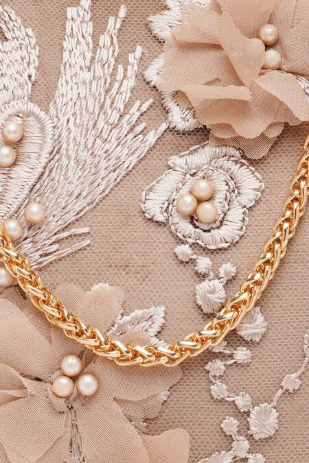 Richa Gupta_Beige Embroidery, Pearls 3d Clutch With Sling_Online_at_Aza_Fashions