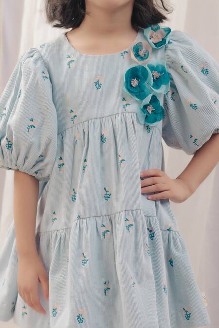 Bagichi_Blue Cotton Embroidery Blaire Floral Dress _Online_at_Aza_Fashions
