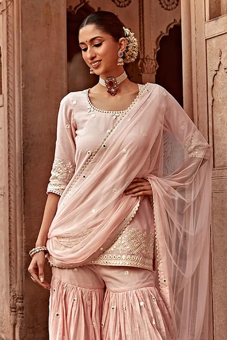 Preevin Pink Cotton, Tulle Embroidery Round Neck Peplum Kurta And Sharara Set Online at Aza Fashions Preevin_Pink Cotton, Tulle Embroidery Round Neck Peplum Kurta And Sharara Set _Online_at_Aza_Fashions