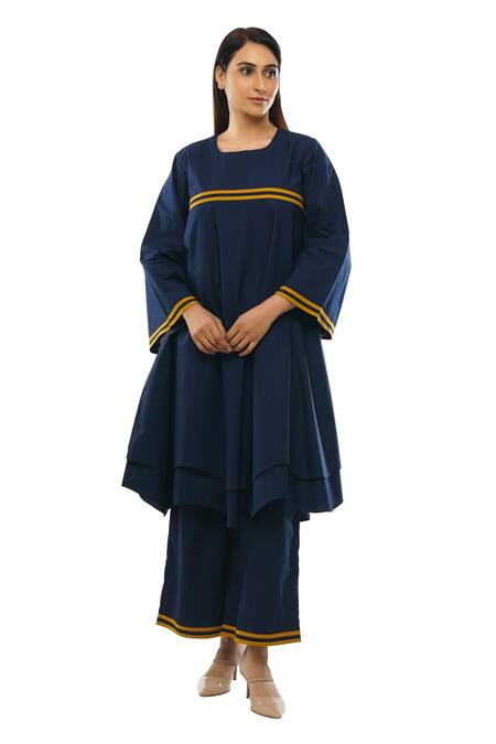 Khat_Blue Cotton, Poplin Square Neck Double Layered Dress Pant Set _Online_at_Aza_Fashions