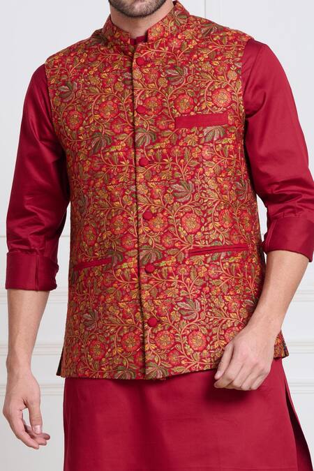 Shop Taroob Red Pashmina, Wool Embroidery Floral Thread Bundi Online at Aza Fashions Shop_Taroob_Red Pashmina, Wool Embroidery Floral Thread Bundi_Online_at_Aza_Fashions