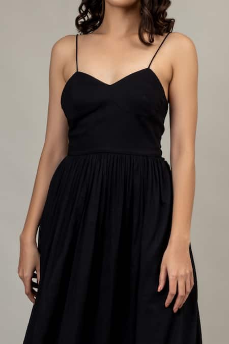 Doodlage Black Cotton Sweetheart Neck Mary Gathered Dress at Aza Fashions Doodlage_Black Cotton Sweetheart Neck Mary Gathered Dress _at_Aza_Fashions