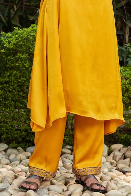 Bohame Yellow Satin, Chiffon Beads V-neck Nadia Hand Embroidered Kurta And Pant Set Online at Aza Fashions Bohame_Yellow Satin, Chiffon Beads V-neck Nadia Hand Embroidered Kurta And Pant Set _Online_at_Aza_Fashions
