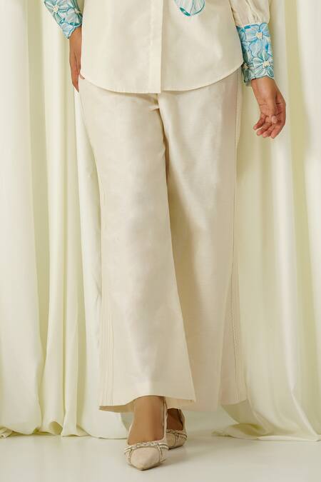 Sakshi Khetterpal_Ivory Chanderi Pearls, Beads, Embroidery Collared Shirt And Pant Set _Online_at_Aza_Fashions
