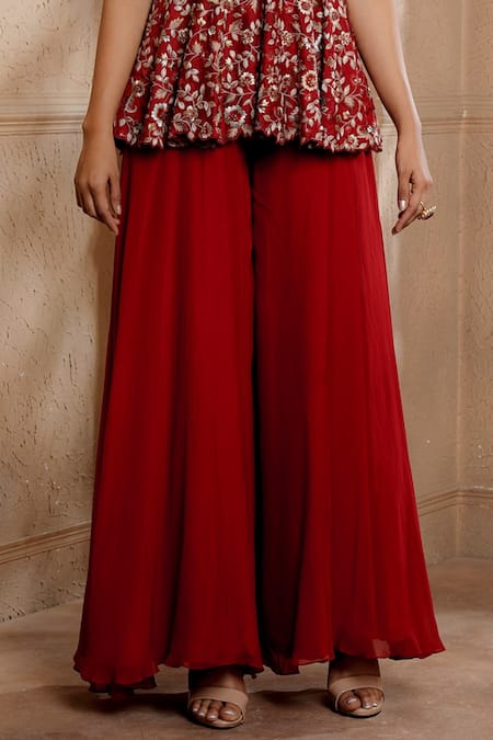 Omana By Ranjana Bothra Red Silk, Viscose, Satin, Organza Zareen Flower Peplum Top And Sharara Set Online at Aza Fashions Omana By Ranjana Bothra_Red Silk, Viscose, Satin, Organza Zareen Flower Peplum Top And Sharara Set _Online_at_Aza_Fashions