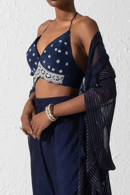 Rishi and Vibhuti Blue Crepe, Organza, Silk Sequins, Gota Ghungroo Embellished Cape And Pant Set Online at Aza Fashions Rishi and Vibhuti_Blue Crepe, Organza, Silk Sequins, Gota Ghungroo Embellished Cape And Pant Set _Online_at_Aza_Fashions