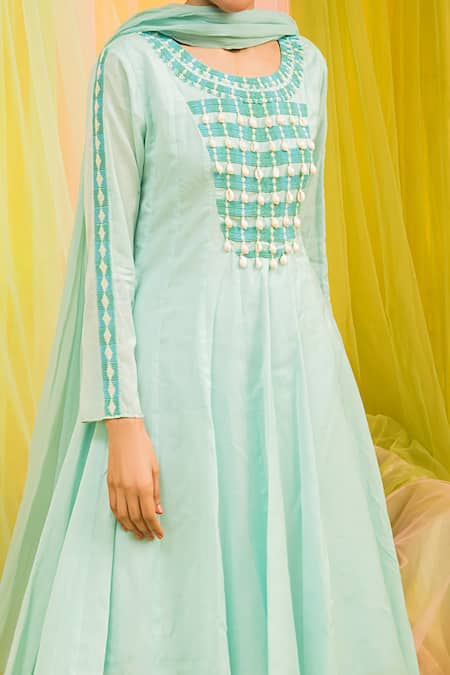 Kacha Tanka Blue Anarkali And Pant Cotton Voile Hand Embroidery Shell & Embellished Set Online at Aza Fashions Kacha Tanka_Blue Anarkali And Pant Cotton Voile Hand Embroidery Shell & Embellished Set _Online_at_Aza_Fashions